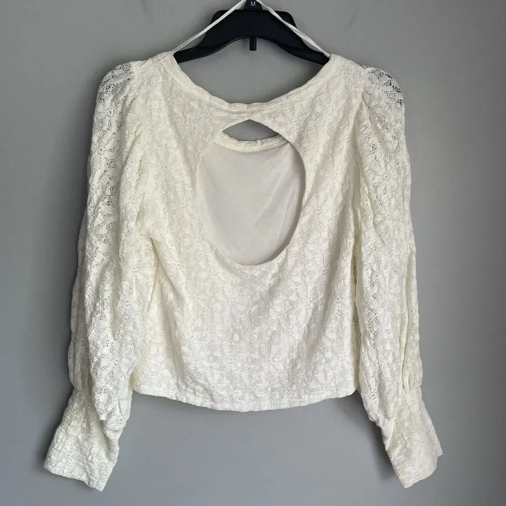Free People Romantic Boho Shirt Size L Cream Long Puff Sleeve Floral Lace Crop